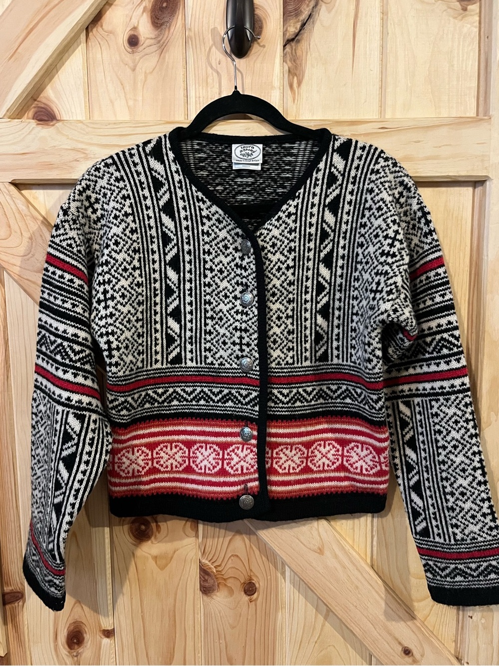 Vintage 90s Laura Ashley Nordic/Fair Isle Print Button Front Cardigan 100% Wool